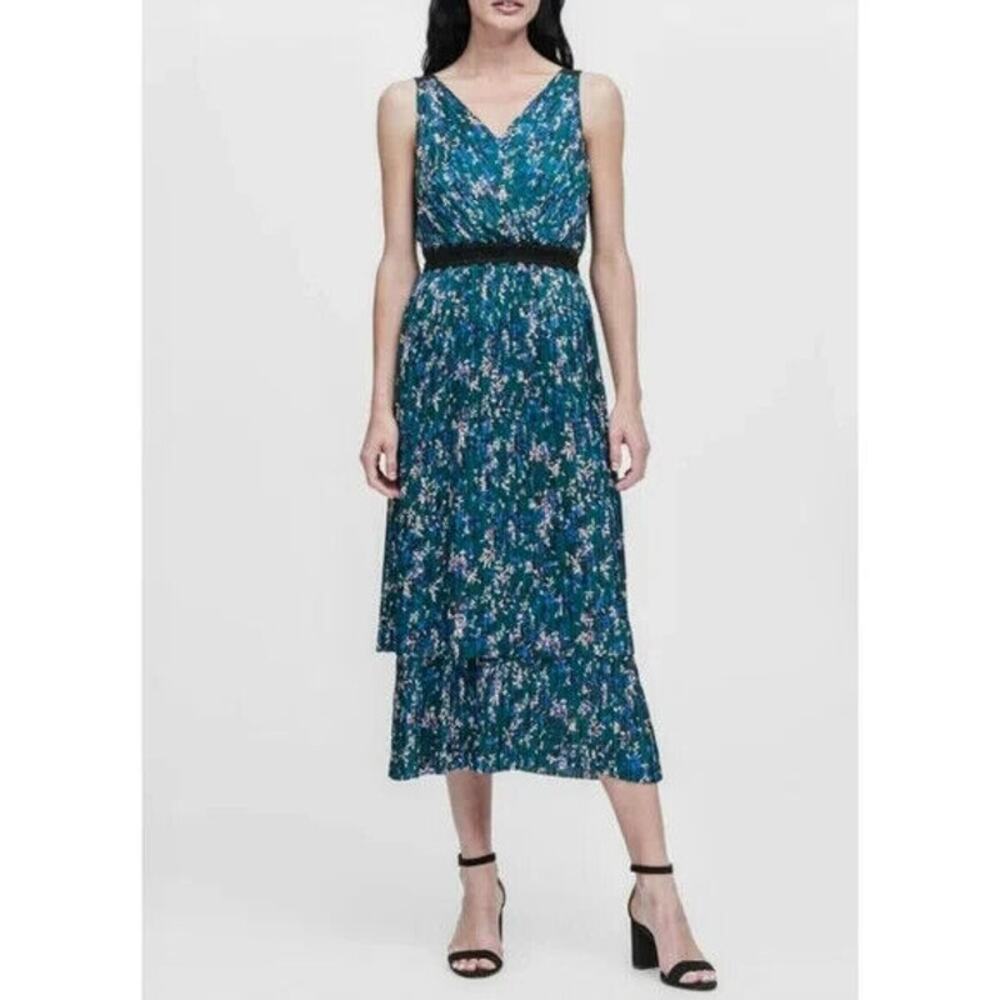 Banana Republic Midi‎ Dress Sz 8 Petite Green Blue Floral Sleeveless Micro Pleat